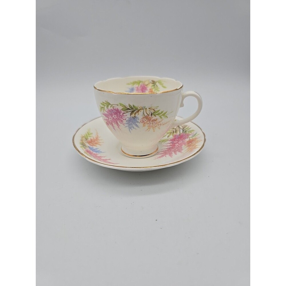 VTG Crownford Astilbe Floral Fine Bone Cina Teacup & Saucer England Gold Trimmed